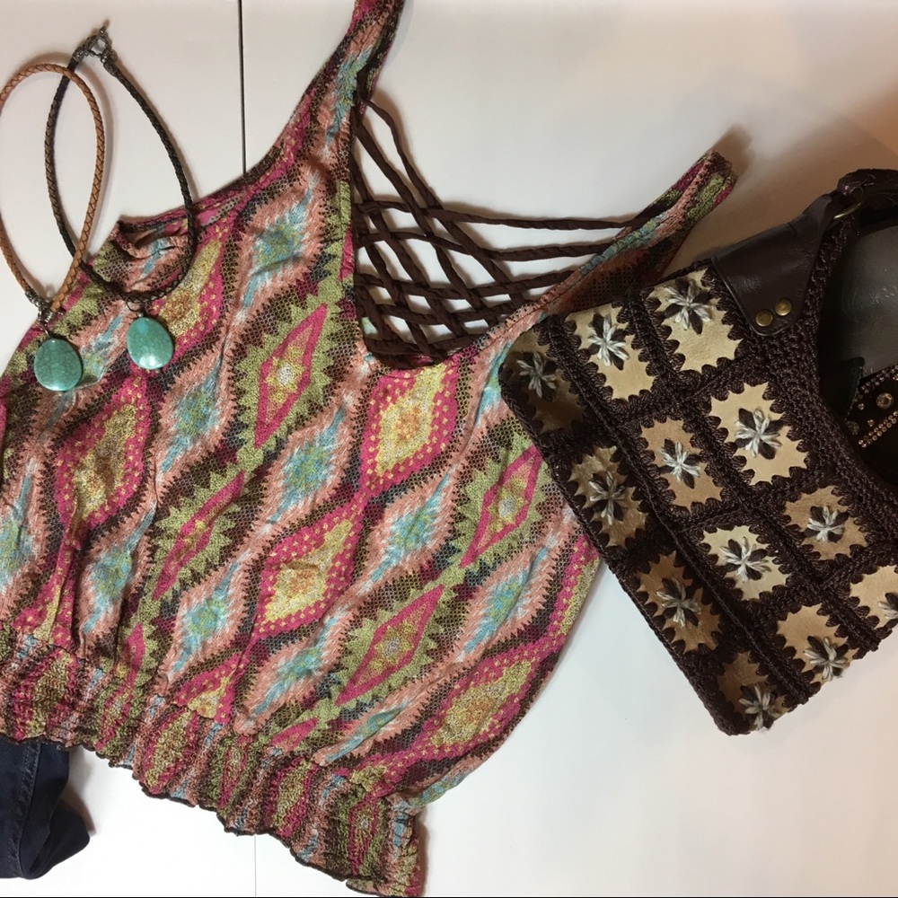 Boho Sleeveless  blouse, leather neckline